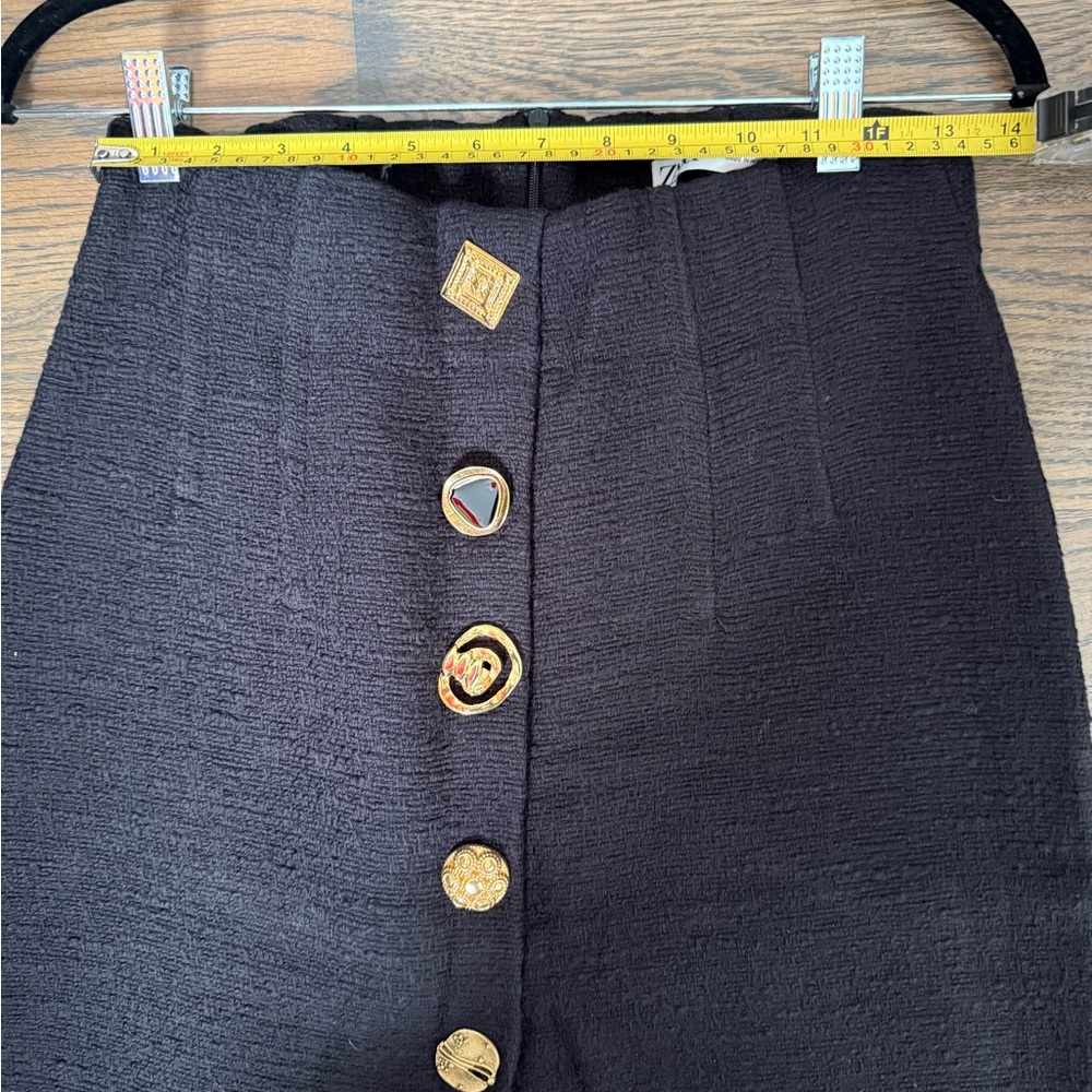 Zara black textured high-waisted midi pencil skirt with unique gold buttons. S - Picture 9 of 10